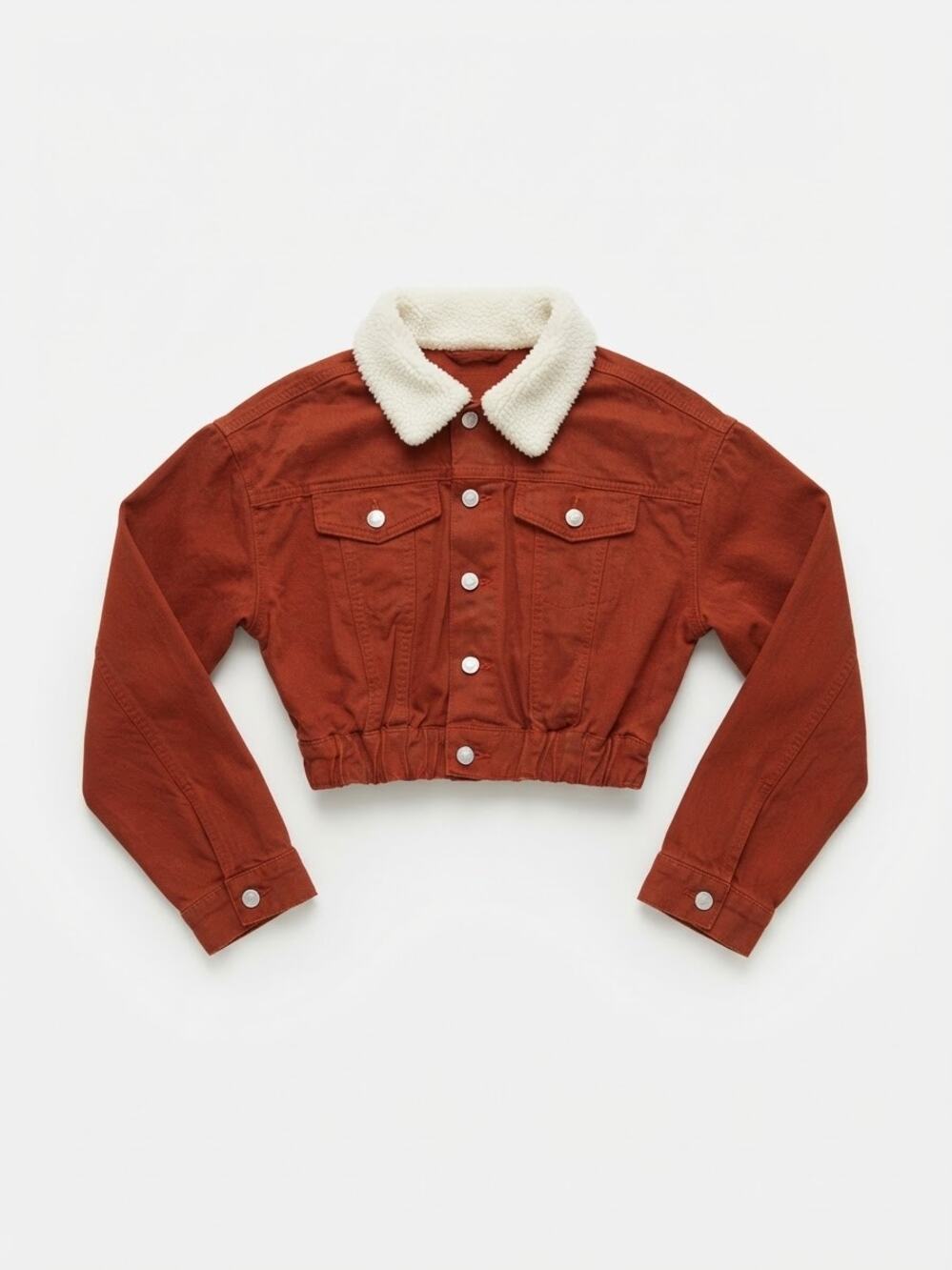 Madden NYC Cropped Denim Jacket Sherpa Collar Rust Brown Size XS Fall Coffee